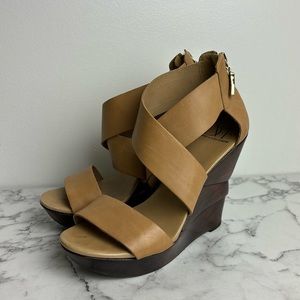 Diane Von Furstenberg Camel Vachetta Opal Wood Wedge Crossover Heels Size 7.5